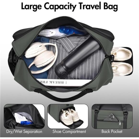 Travel Bag, Duffle Bags with Shoe Compartment Green - Picture 3 of 7